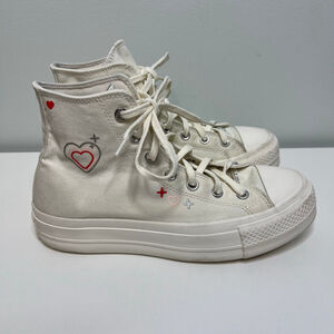 Converse White Platform Red Heart High Top Sneakers Size 8